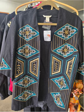 Women's H&M Black & Teal Embroidered Blazer Jacket Size 4